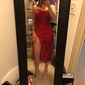 Lulus Hollywood woman red satin midi dress